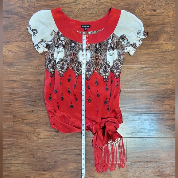 Bebe Silk Dressy Fringed Short Sleeved Blouse Size XS - Picture 12 of 12
